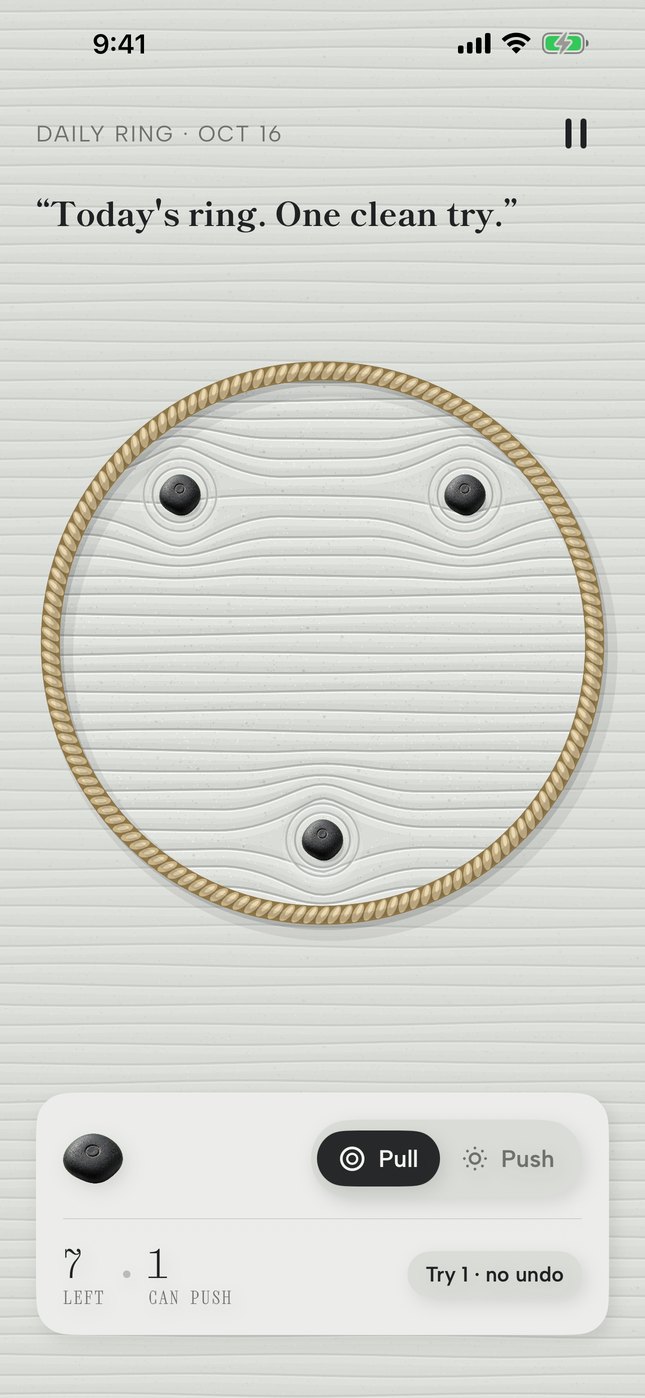 The Daily Ring board with three stones placed