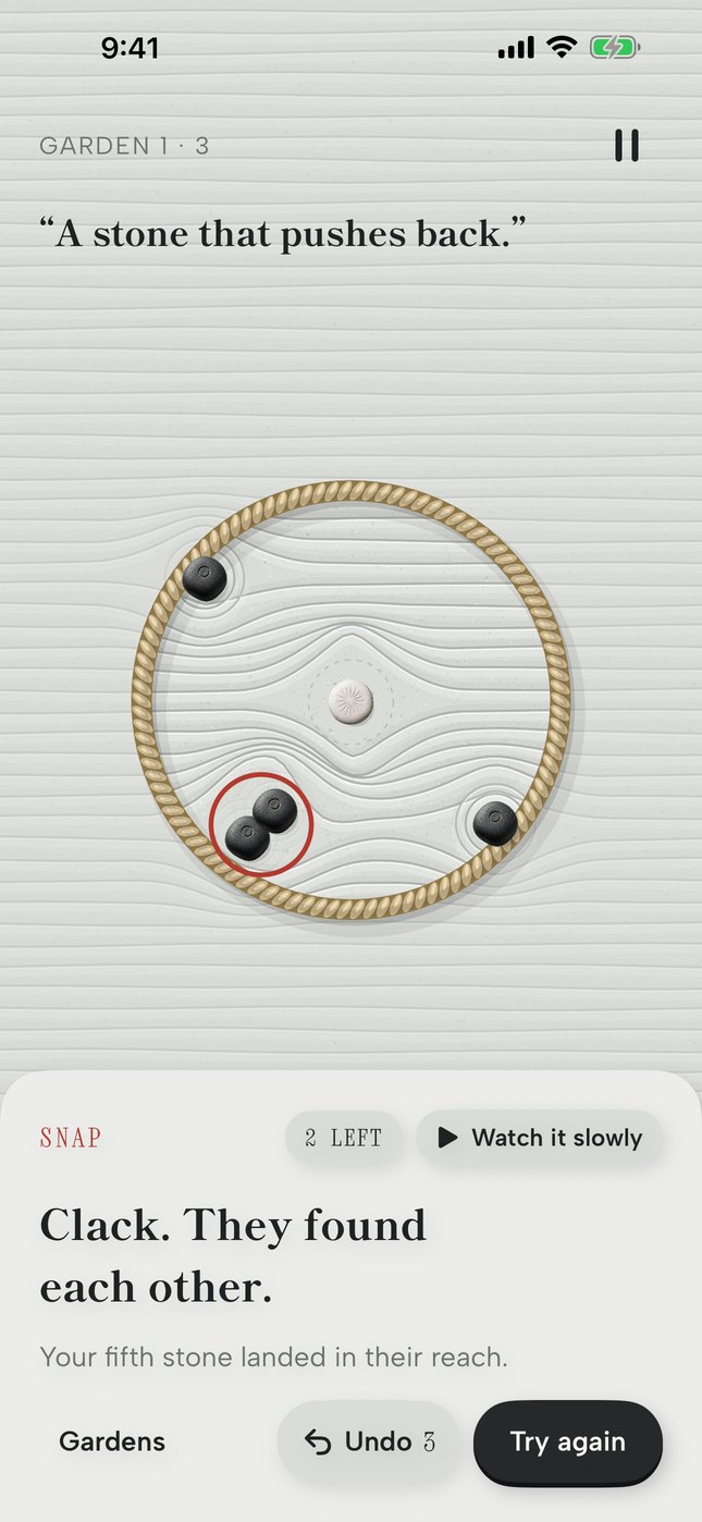 The snap card: two stones circled in red, Clack, they found each other