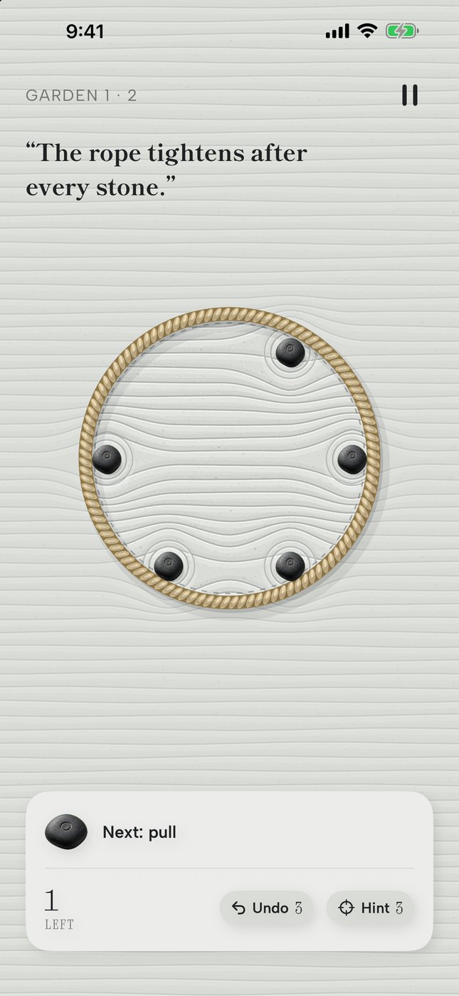 Level 2 with five stones pressed to a shrunken rope ring